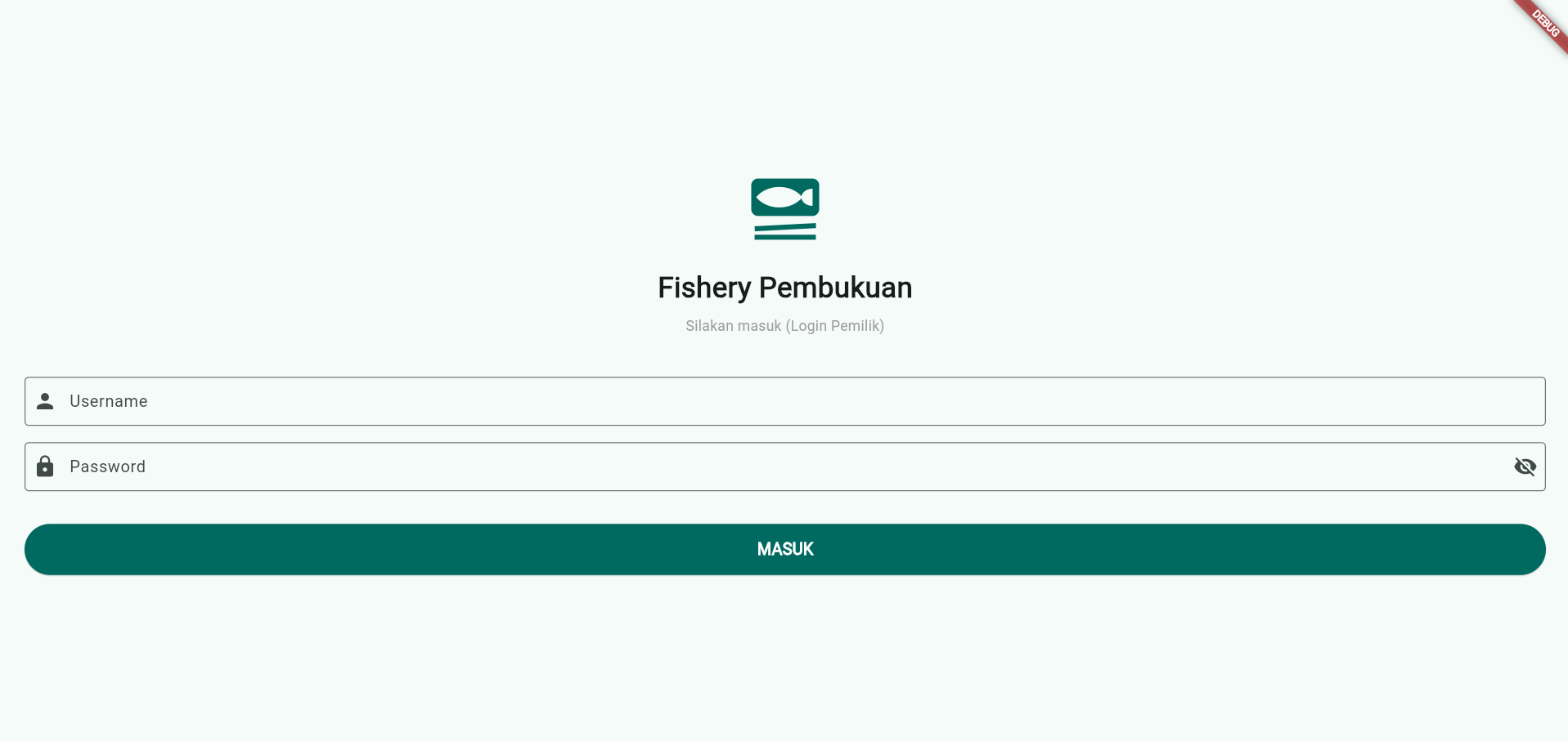 Fisheries app owner login screen
